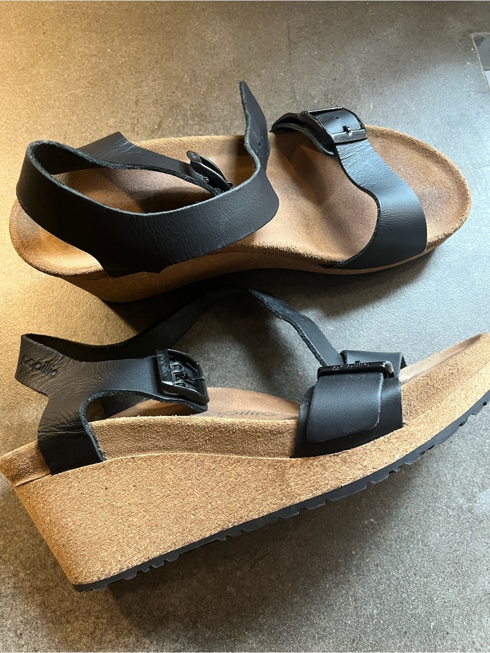 Papillio Black Leather Wedge Sandals with Cork Platform